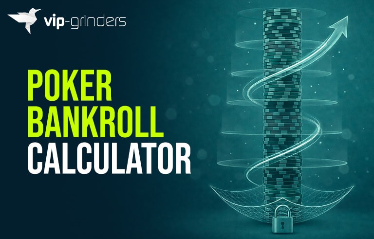 Poker-Bankroll-Calculator-1 Poker bankroll calculator illustration showing a growing stack of poker chips with upward arrow and security lock, representing bankroll management and sustainable poker profit growth