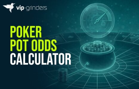 Poker pot odds calculator illustration with poker chips in the pot, surrounding playing cards, and probability gauge representing pot odds calculations and strategic poker decision making
