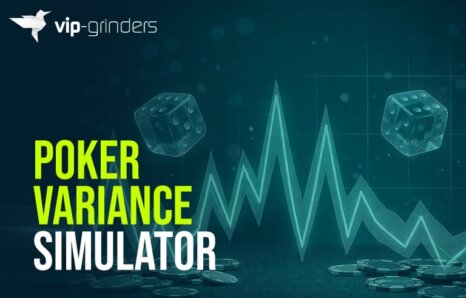 Poker variance simulator illustration with dice, fluctuating graph line, and poker chips, representing variance, luck, and bankroll swings in online poker strategy