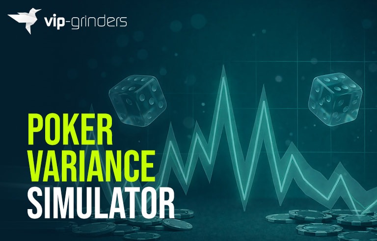 Poker-Variance-Simulator-1 Poker variance simulator illustration with dice, fluctuating graph line, and poker chips, representing variance, luck, and bankroll swings in online poker strategy