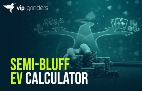 Poker semi-bluff EV calculator illustration showing a player stacking chips with branching strategy paths, representing decision-making between bluffing and value betting in poker strategy