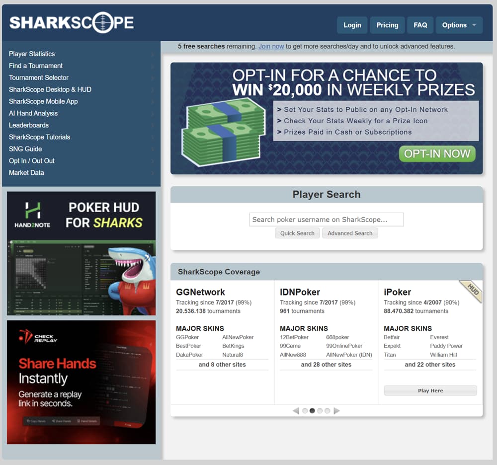 SharkScope Homepage SharkScope homepage screenshot showing online poker player statistics and tournament tracking platform with player search tool, network coverage for GGPoker, iPoker, and IDNPoker, and features like leaderboards, HUD tools, and hand analysis; includes promotional banner for weekly prizes and navigation menu for poker database analytics and results tracking