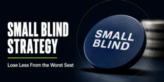 Small blind strategy featured image showing a dark blue Small Blind position marker puck in the foreground with a blurred stack of poker chips behind it