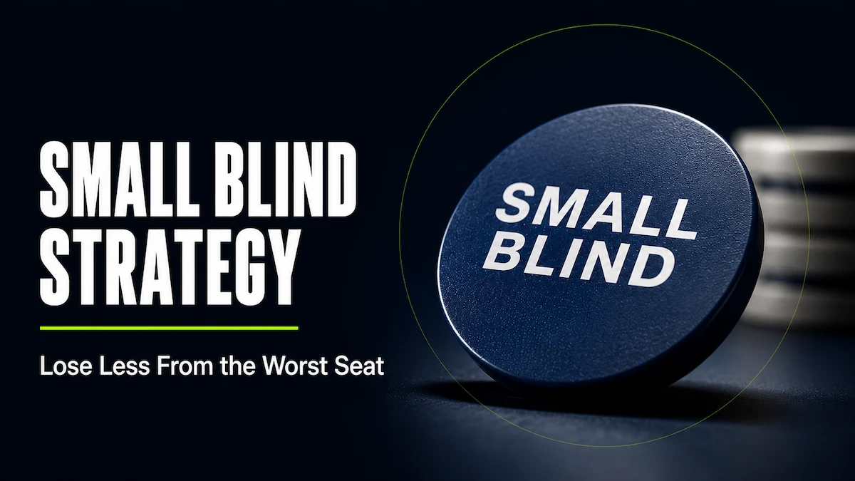 Small Blind Strategy Small blind strategy featured image showing a dark blue Small Blind position marker puck in the foreground with a blurred stack of poker chips behind it