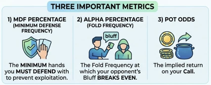Poker strategy infographic showing three key metrics: Minimum Defense Frequency (MDF), Alpha Percentage (fold frequency vs bluffs), and Pot Odds, explaining how to defend against bluffs and calculate profitable calls