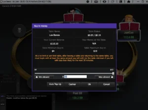 ACR Poker buy in window at a $0.05/$0.10 No Limit Hold'em table showing a $4 minimum and $10 maximum buy in