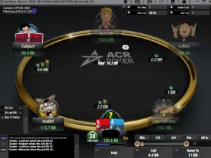 ACR Poker six max No Limit Hold'em table at $0.05/$0.10 with stacks shown in big blinds