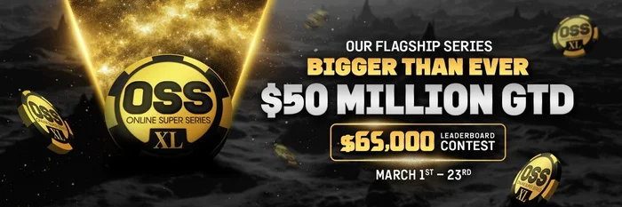 ACR Poker Online Super Series XL banner showing $50 million guaranteed, $65,000 leaderboard contest, running March 1 to 23
