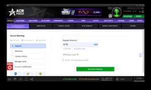 ACR Poker cashier with a $71 USDT deposit entered on the ERC20 Ethereum network