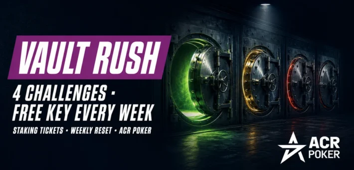 ACR Poker Vault Rush banner showing four vault doors, advertising 4 challenges, a free key every week and staking tickets