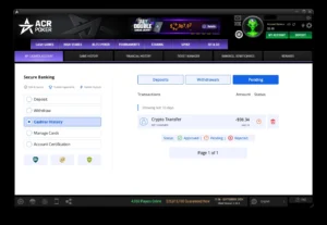 ACR Poker cashier history showing a $98.34 crypto transfer withdrawal with pending status