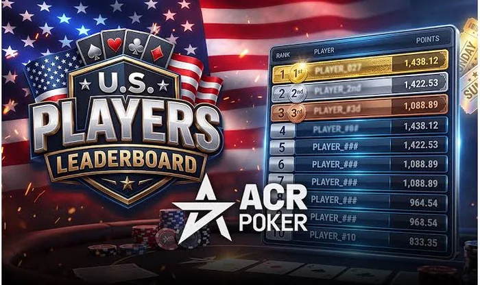 ACR Poker U.S. Players Leaderboard graphic with a top 10 points standings table, Sunday tickets and the US flag behind the ACR Poker logo