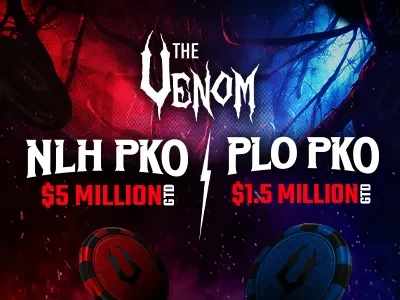 ACR Poker The Venom graphic for the October 2026 Dual Venom PKOs showing the $5 million guaranteed NLH PKO and the $1.5 million guaranteed PLO PKO with red and blue Venom chips
