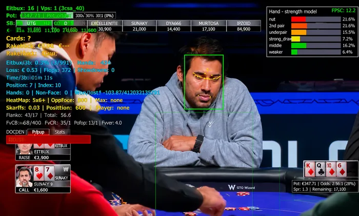 AI bluff detection overlay on a poker broadcast Poker broadcast overlay showing AI face tracking on a player with a live hand strength model and bluff analysis graphics
