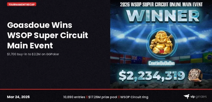 Alan Goasdoue wins the $1,700 WSOP Super Circuit Main Event on GGPoker for $2,234,319 and a WSOP Circuit ring