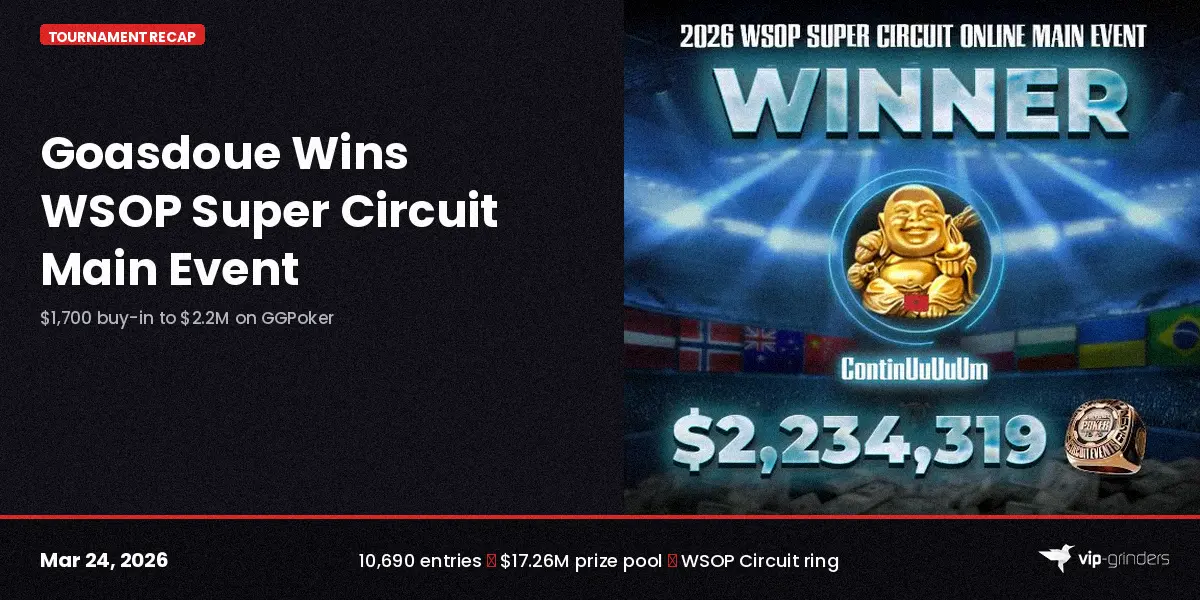 Alan Goasdoue wins WSOP Super Circuit Main Event on GGPoker for $2.2M Alan Goasdoue wins the $1,700 WSOP Super Circuit Main Event on GGPoker for $2,234,319 and a WSOP Circuit ring