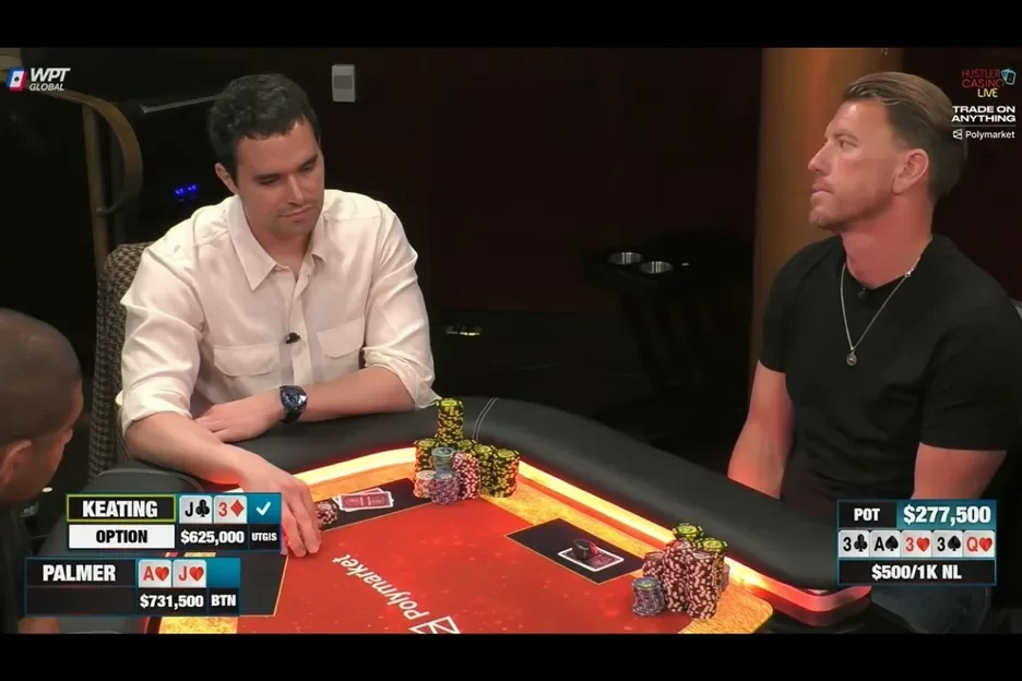 Alan Keating in a hand on Hustler Casino Live holding jack-three against Palmer