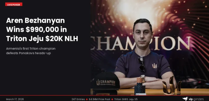 Aren Bezhanyan holding the Triton Super High Roller Series champion trophy after winning the $20K NLH 8-Handed at Triton SHRS Jeju 2026