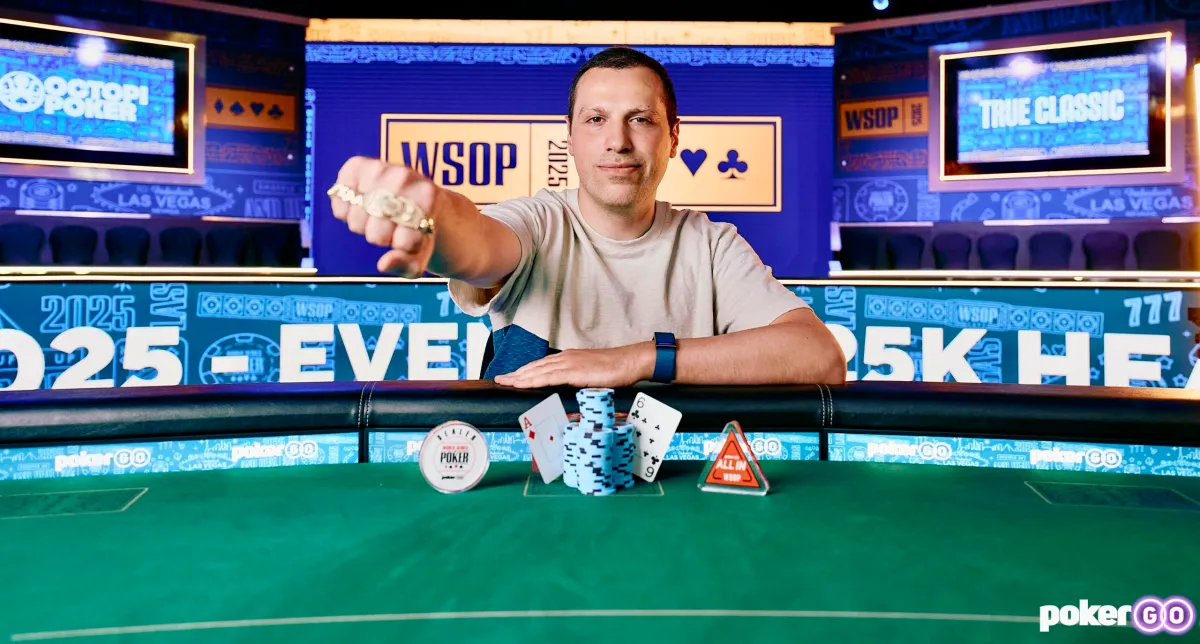 Artur Martirosian wins the WSOP 2025 $25,000 Heads-Up Championship Artur Martirosian holding his WSOP 2025 Heads-Up Championship bracelet with ace-six at the final table
