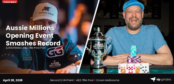 Aussie Millions 2026 Opening Event record field with Michael Mizrachi and Sascha Manns holding the H.O.R.S.E. trophy at Crown Melbourne