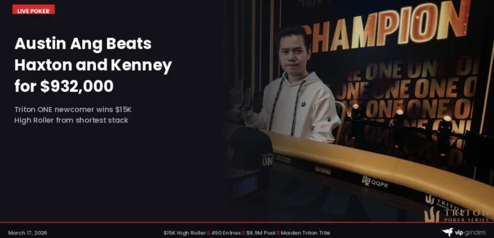 Austin Ang holding the Triton ONE trophy after winning the $15K High Roller at Triton ONE Jeju 2026