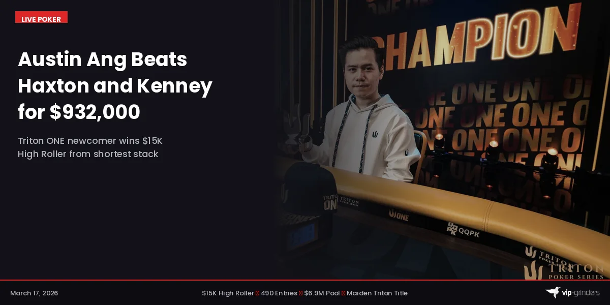 Austin Ang holding the Triton ONE trophy after winning the $15K High Roller at Triton ONE Jeju 2026