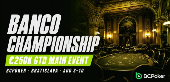 BCPoker Banco Championship 2026 promotional banner showing the €250K GTD Main Event at Banco Casino in Bratislava from August 3 to 10