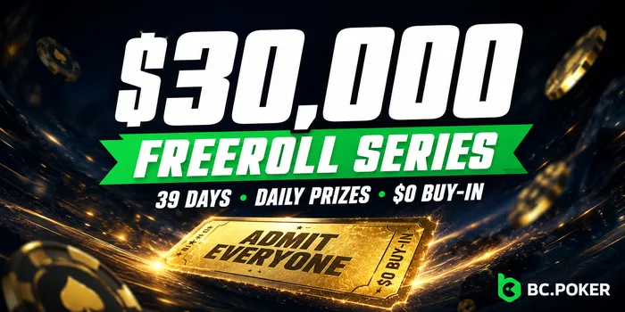 BCPoker $30,000 Freeroll Series World Cup 2026 BCPoker $30,000 Freeroll Series golden ticket banner showing 39 days of daily prizes with zero buy-in