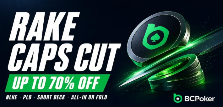 BCPoker rake caps cut by up to 70% across NLHE, PLO, Short Deck, and All-in or Fold