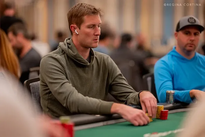 Brad Owen tournament table Brad Owen handling his chips at a tournament table