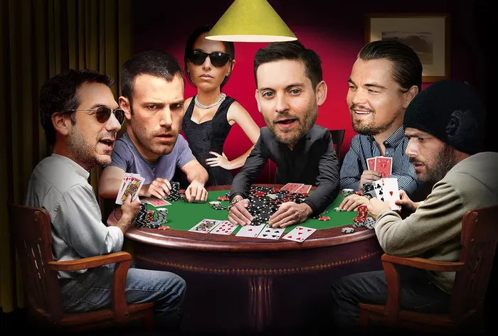 Celebrity poker players at a Hollywood poker night Illustration of Hollywood celebrities including Ben Affleck and Tobey Maguire at an underground poker table