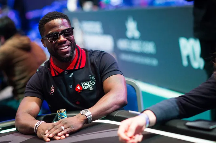 Kevin Hart at a PokerStars poker tournament Kevin Hart at a PokerStars tournament wearing branded gear
