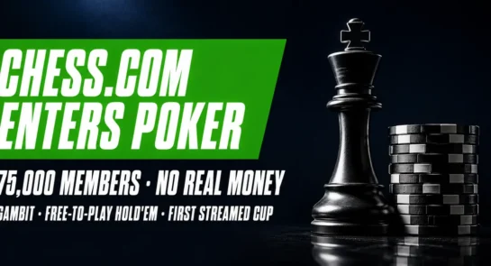 Chess.com enters poker graphic with a black king and a stack of poker chips announcing Gambit, the free-to-play Hold