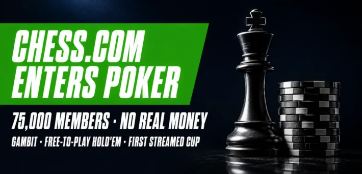 Chess.com enters poker graphic with a black king and a stack of poker chips announcing Gambit, the free-to-play Hold