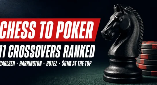 Chess players who play poker: a black knight beside stacked poker chips with the title Chess to Poker, 11 Crossovers Ranked