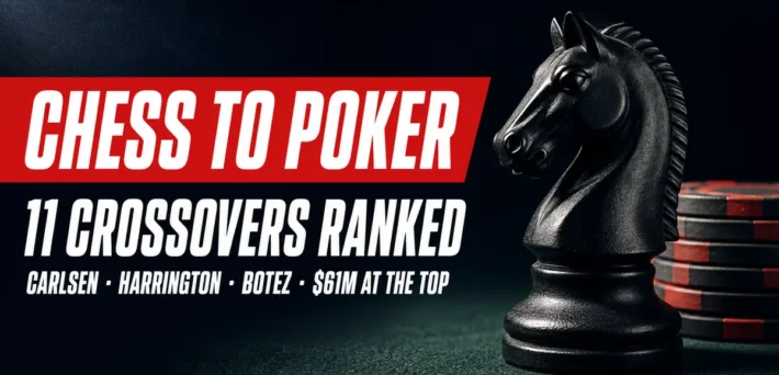 Chess players who play poker: a black knight beside stacked poker chips with the title Chess to Poker, 11 Crossovers Ranked