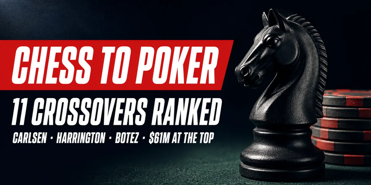 Chess Players Who Play Poker: 11 Crossovers Ranked Chess players who play poker: a black knight beside stacked poker chips with the title Chess to Poker, 11 Crossovers Ranked