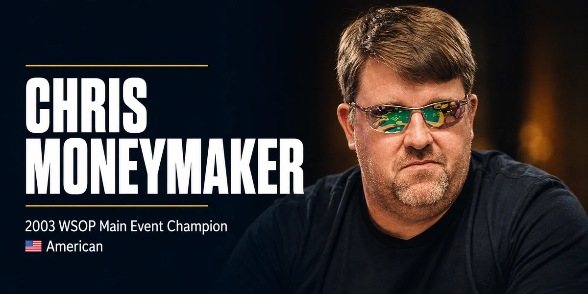 Chris Moneymaker net worth profile featured image 2026 Chris Moneymaker in wraparound sunglasses at the poker table, captioned 2003 WSOP Main Event Champion
