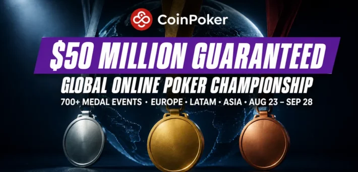 CoinPoker Global Online Poker Championship banner showing $50,000,000 guaranteed across the 37-day series