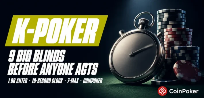 CoinPoker K-Poker launch showing a seven-handed table with 1 BB antes, a 10-second shot clock and five preset bet sizes