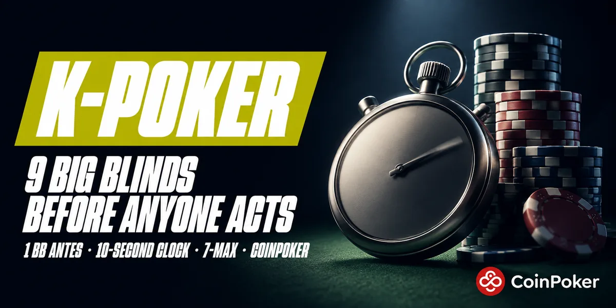 CoinPoker K-Poker launch showing a seven-handed table with 1 BB antes, a 10-second shot clock and five preset bet sizes