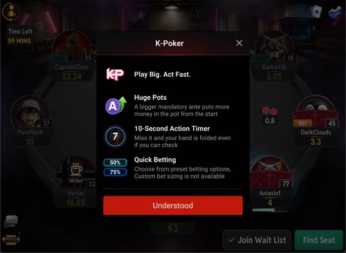 CoinPoker K-Poker rules card in the client: huge pots, 10-second action timer and quick betting CoinPoker K-Poker rules card in the poker client explaining the bigger mandatory ante, the 10-second action timer and preset quick betting options