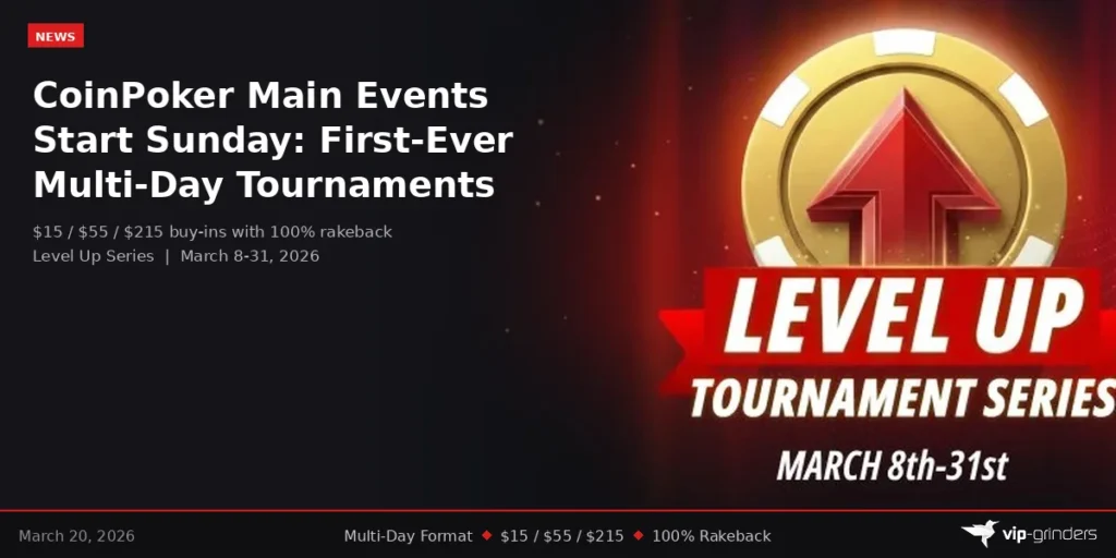 CoinPoker Level Up Series Main Events starting March 22 with first multi-day tournament format and 100% rakeback Title: