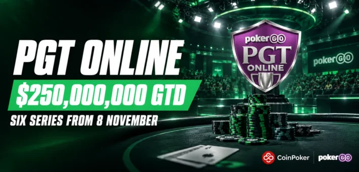 PGT Online $250,000,000 GTD featured image with the PGT Online trophy shield, chips and CoinPoker and PokerGO logos