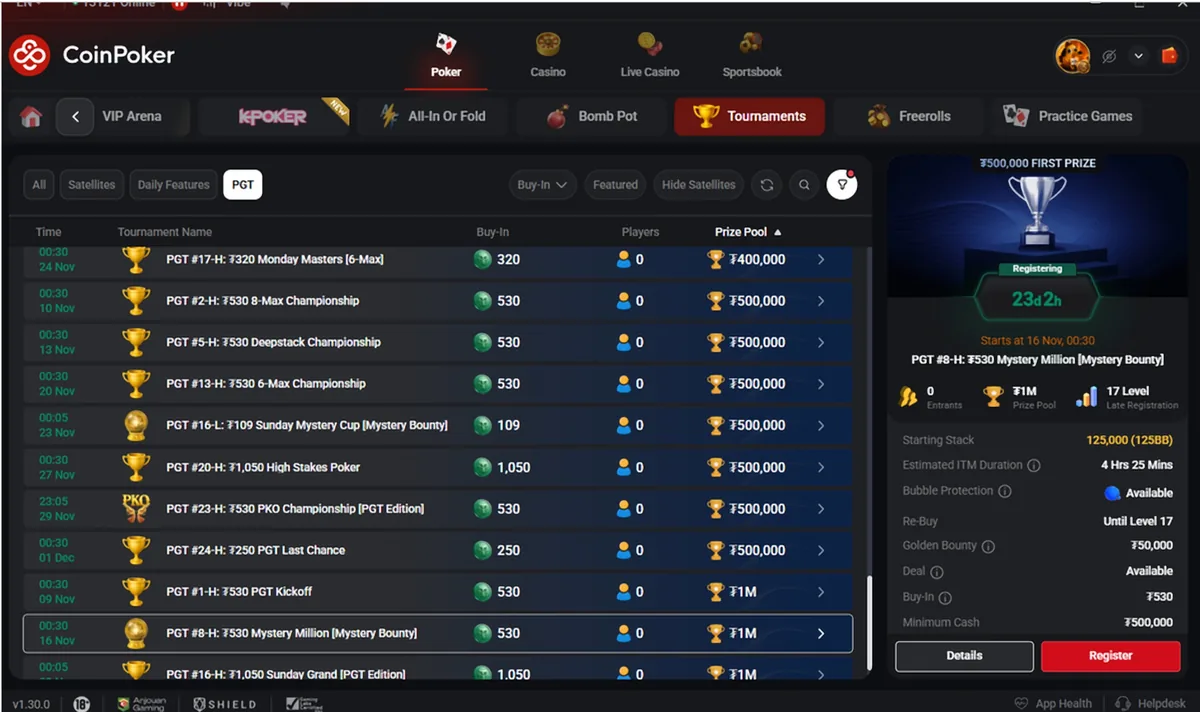 CoinPoker tournament lobby with the PGT Online KickOff Series events listed under the PGT filter