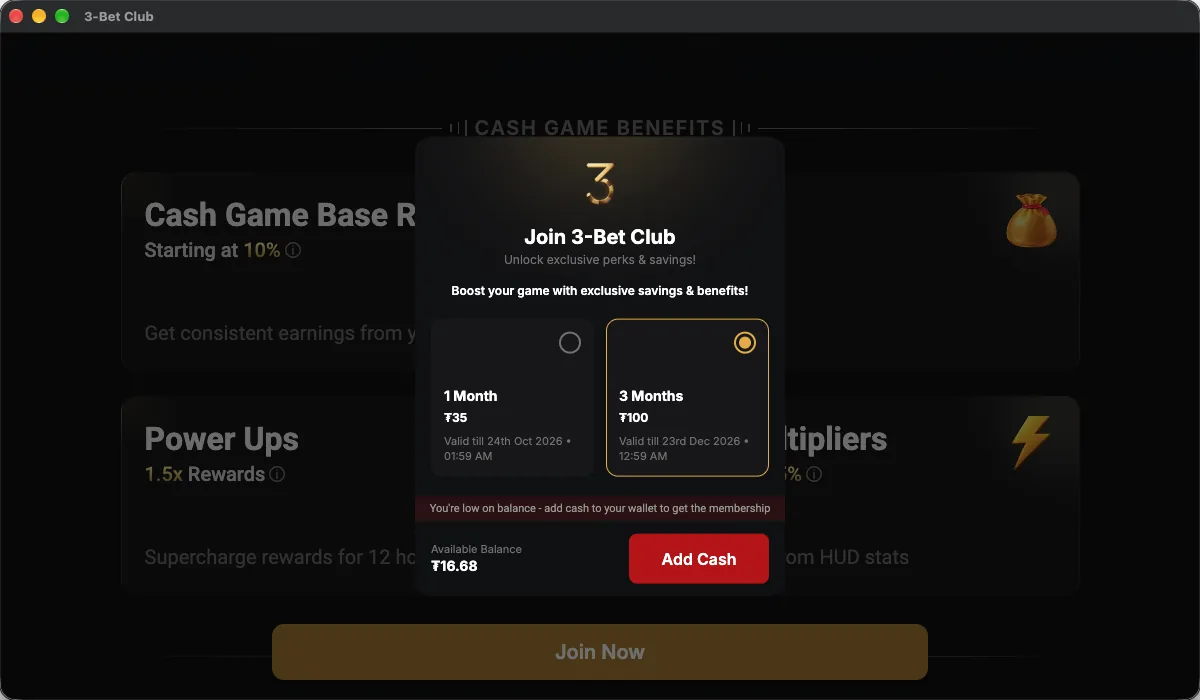 CoinPoker 3-Bet Club join screen with plans at $35 for one month and $100 for three months