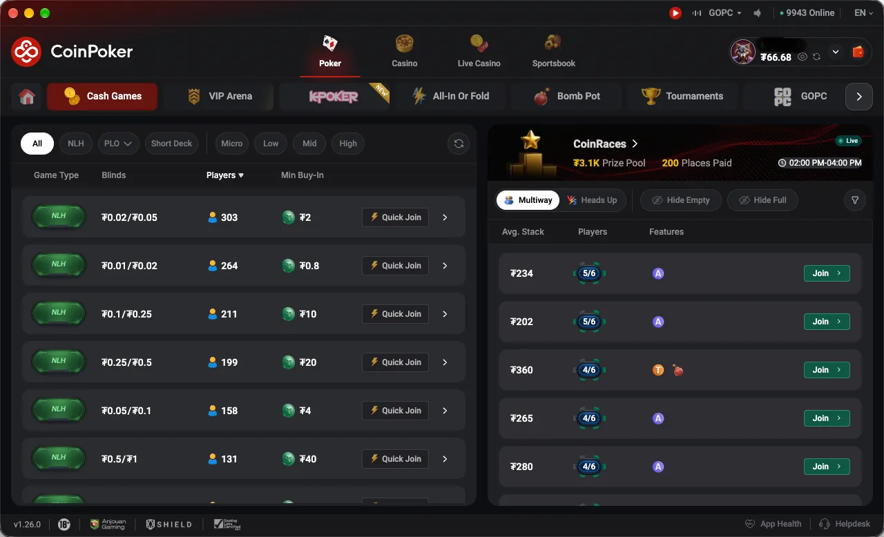 CoinPoker cash lobby listing No Limit Hold’em stakes with 303 players at $0.02/$0.05 and 158 at $0.05/$0.10