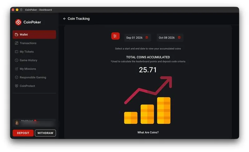 CoinPoker Coin Tracking screen showing 25.71 Coins accumulated between 1 September and 8 October 2026