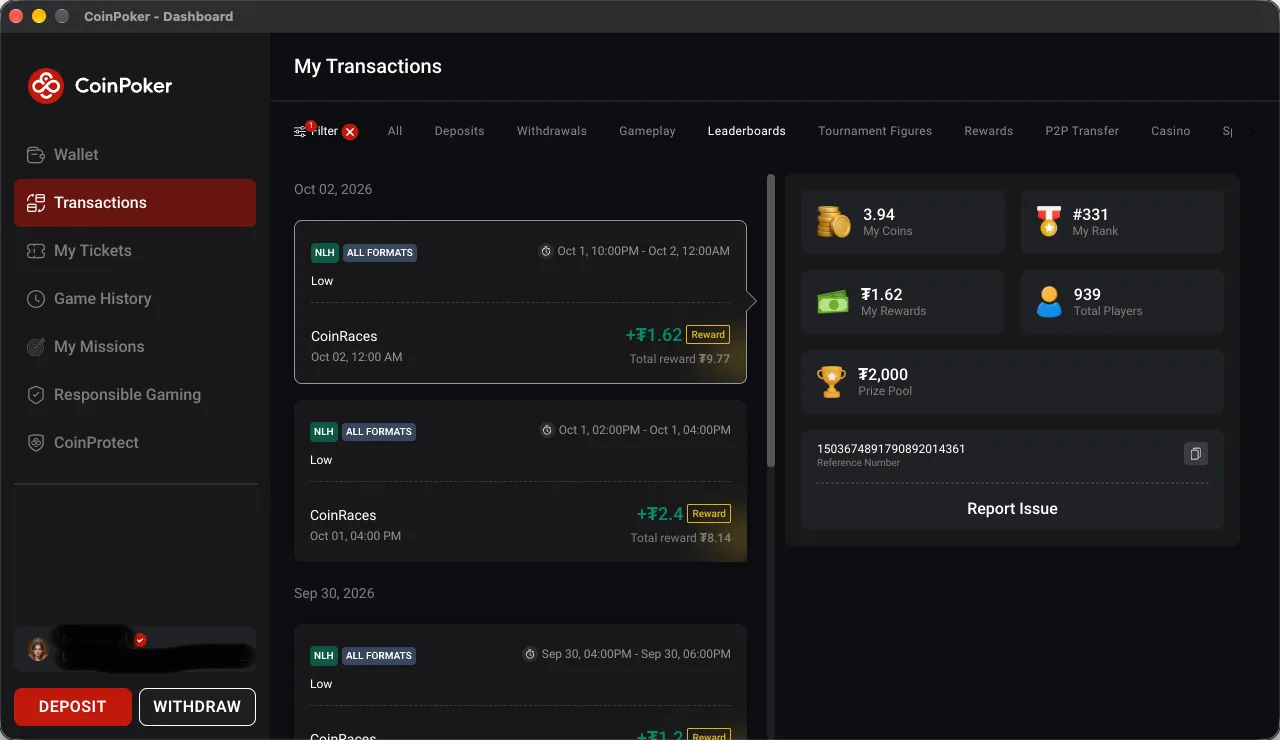 CoinPoker transactions screen showing CoinRaces payouts, including $1.62 for 3.94 Coins at rank 331 of 939 players
