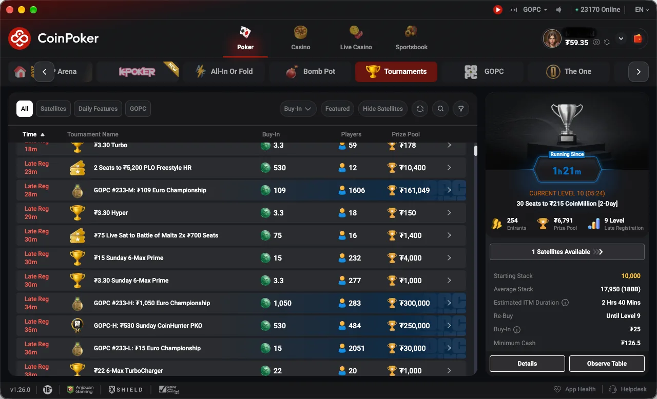 CoinPoker tournament lobby on 27 September with GOPC events and 23,170 players online